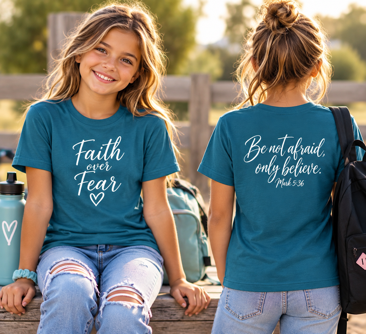 Faith Over Fear Youth Tee White lettering — Inspirational Christian Kids T‑Shirt (Be Not Afraid, Only Believe)