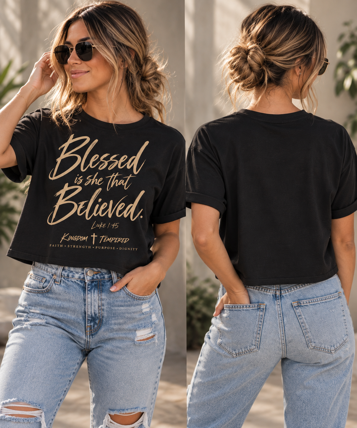 Blessed Is She Boxy Tee - Christian Faith Scripture Graphic