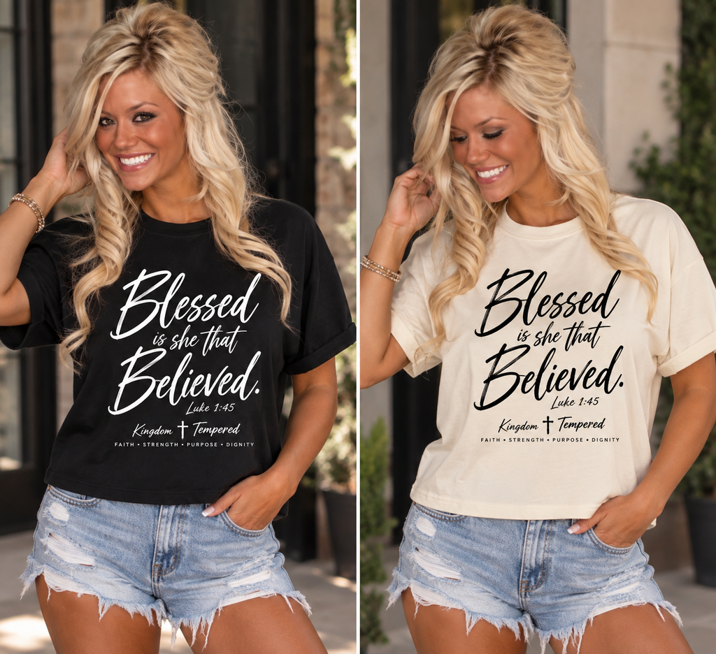 Blessed Is She That Believed Boxy Tee — Christian Scripture Women’s Crop Shirt
