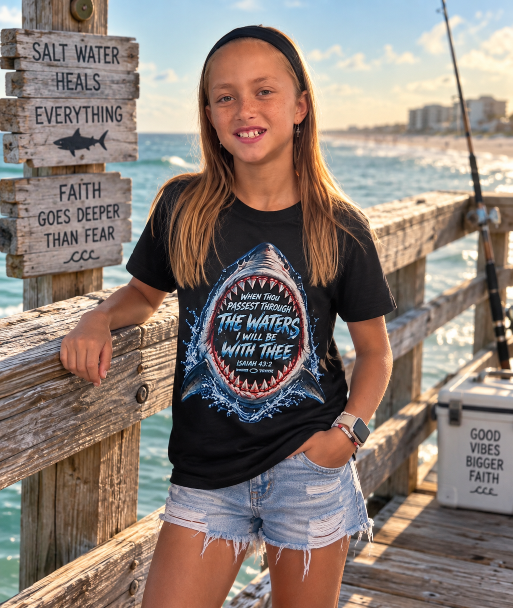 Youth Tee — Shark Graphic "When You Pass Through the Waters I Will Be With Thee" Bible Verse