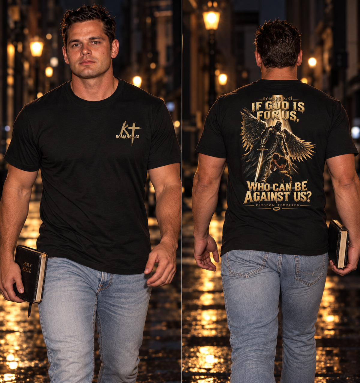 Christian Faith Tee — "If God Is For Us" Angel & Prayer Graphic T-Shirt