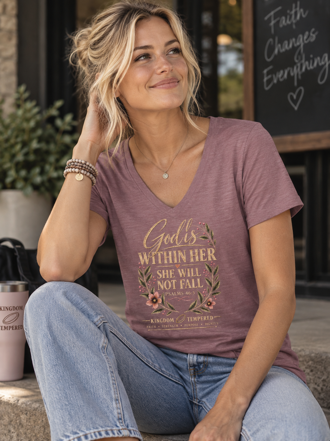 Women's V-Neck Tee — "God is Within Her She Will Not Fall" Floral Inspirational Shirt