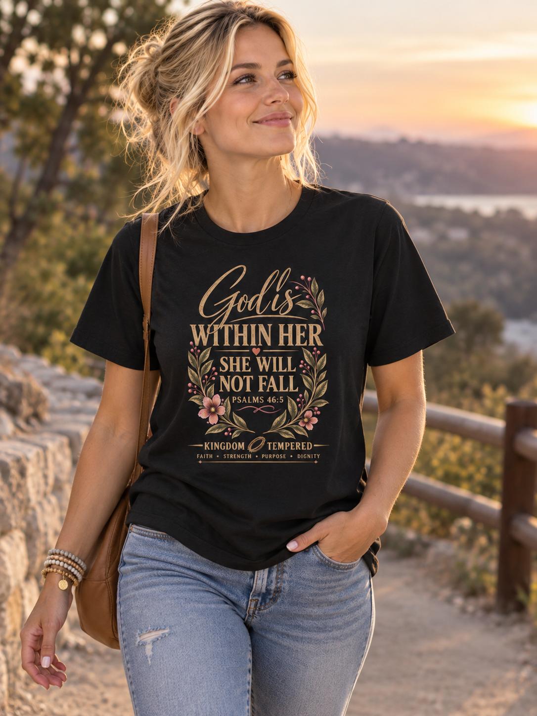Women's Tee - "God Is Within Her She Will Not Fall" Floral Christian Inspirational Shirt