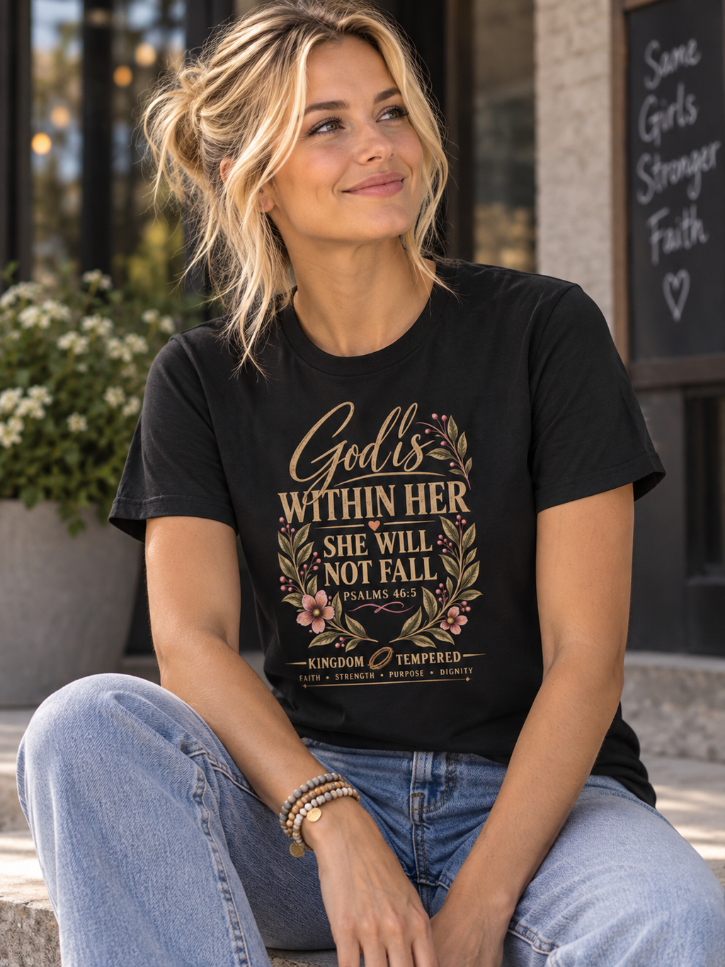 Women's Tee - "God Is Within Her She Will Not Fall" Floral Christian Inspirational Shirt