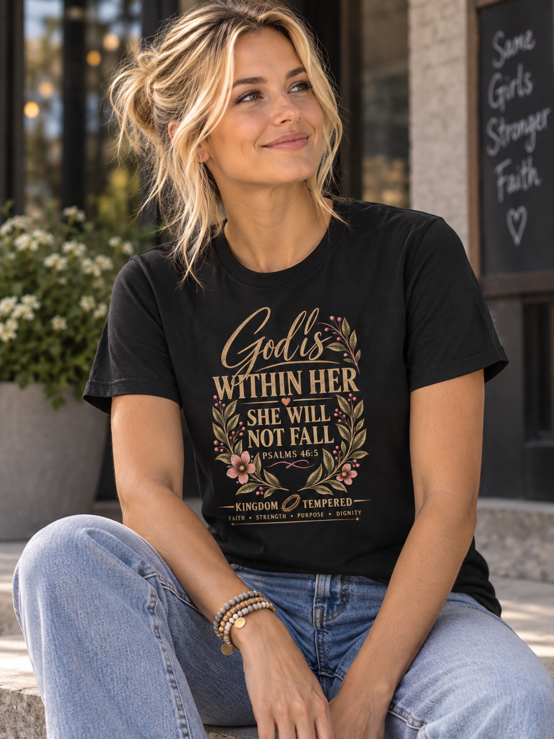Women's Tee - "God Is Within Her She Will Not Fall" Floral Christian Inspirational Shirt