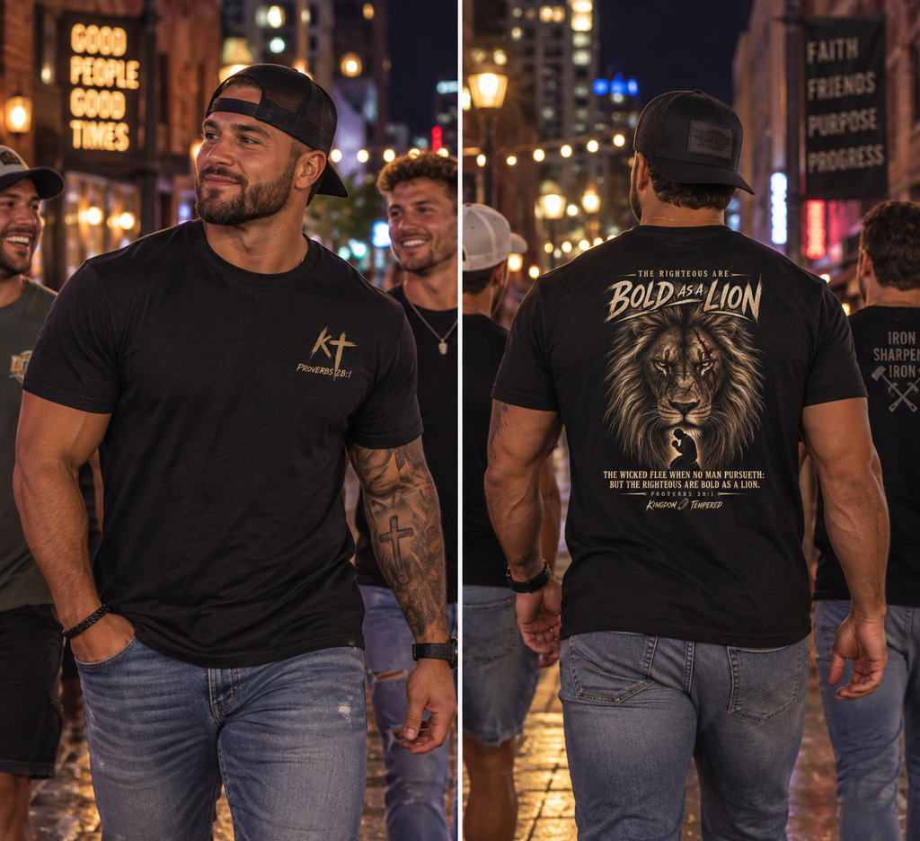 Lion Graphic Tee — "Bold as a Lion" Inspirational Christian Tee (Kingdom-Tempered) — Proverbs 28:1