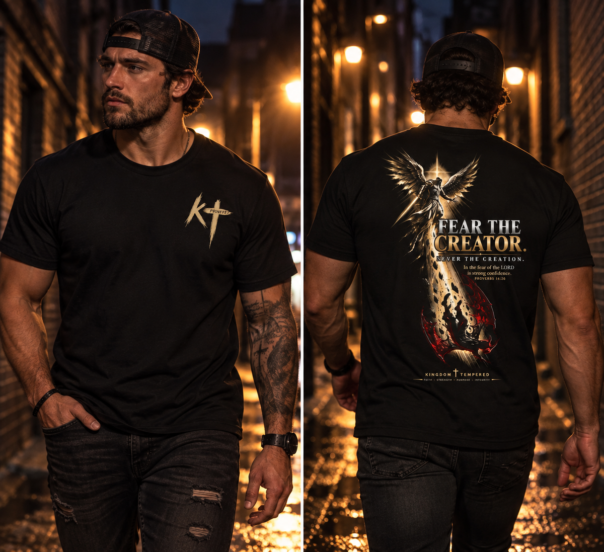 Fear the Creator Graphic Tee — Christian Cross & Winged Design