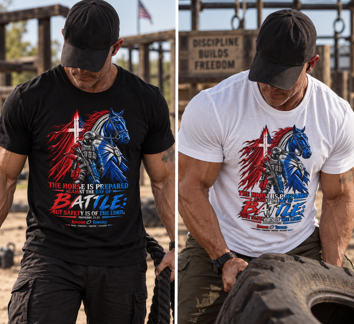 Battle Knight Tee — Patriotic Red & Blue Knight Horse Graphic T-Shirt