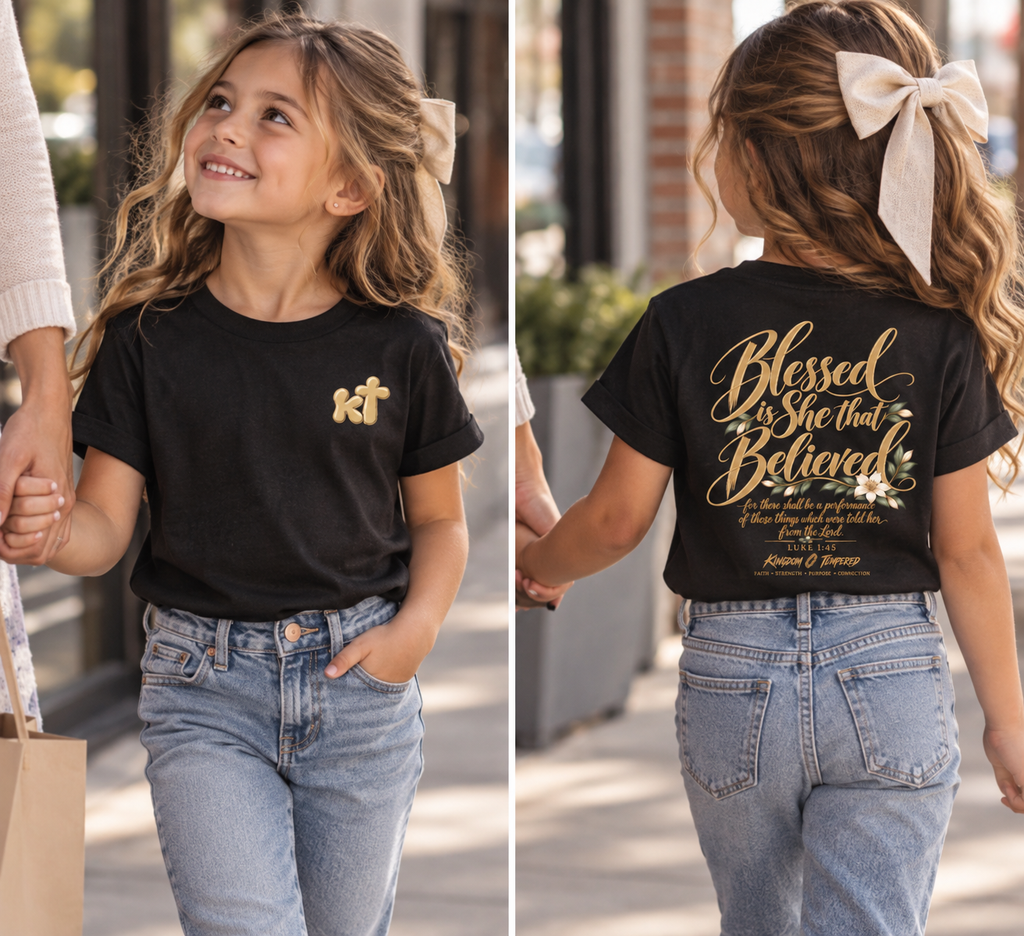 Youth Tee — "Blessed Is She That Believed" Inspirational Christian Kids Shirt