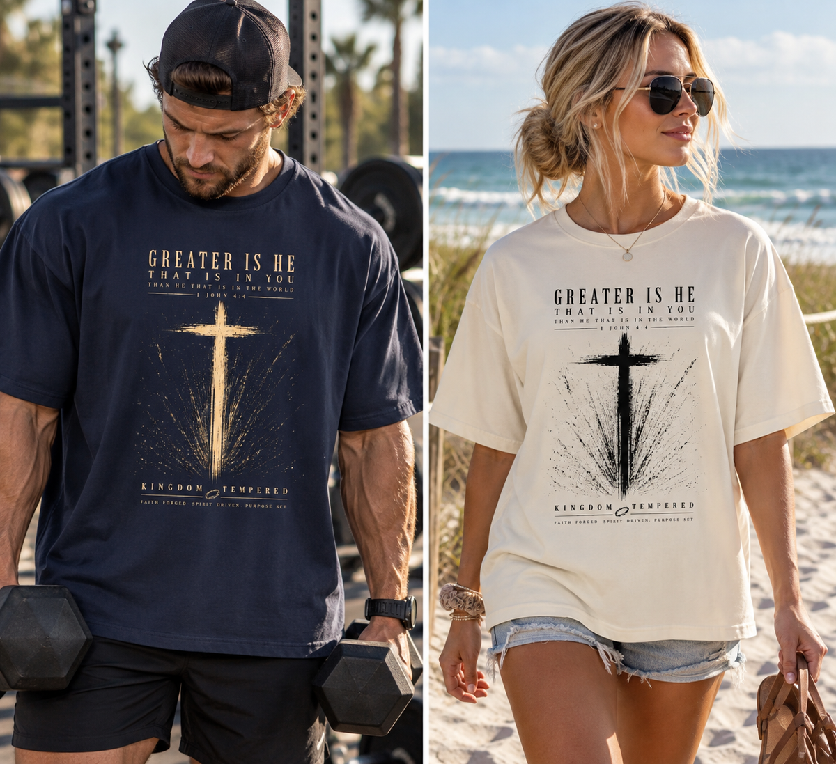 Christian Cross Tee — “Greater Is He” Inspirational Faith T-Shirt