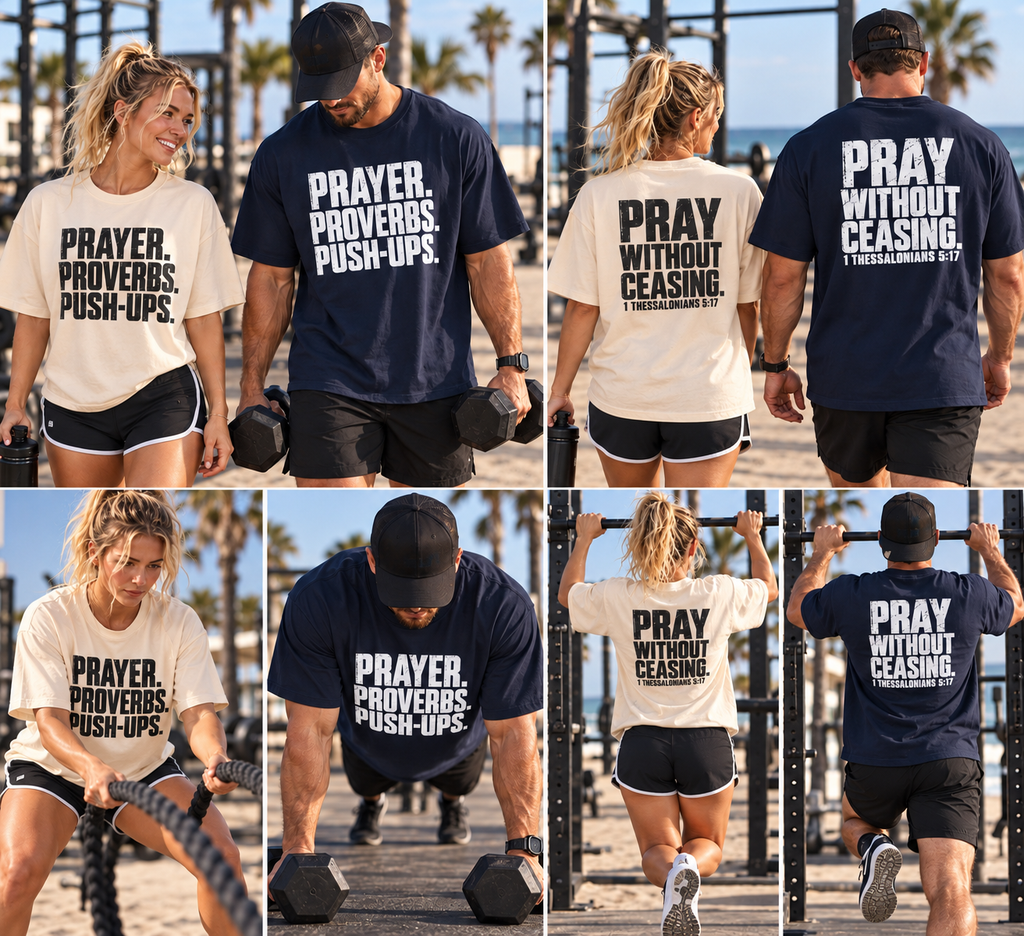 Prayer. Proverbs. Push-Ups. Oversized boxy Tee — Christian Faith & Fitness Graphic T-Shirt