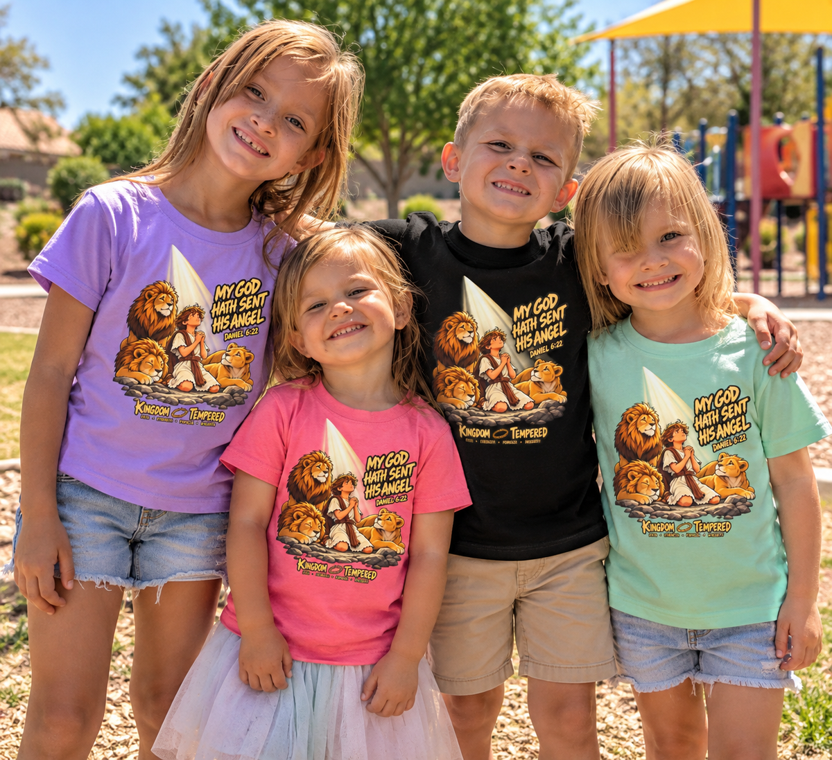 Christian Youth Tee — “My God Has Sent His Angel” Lion & Prayer Graphic