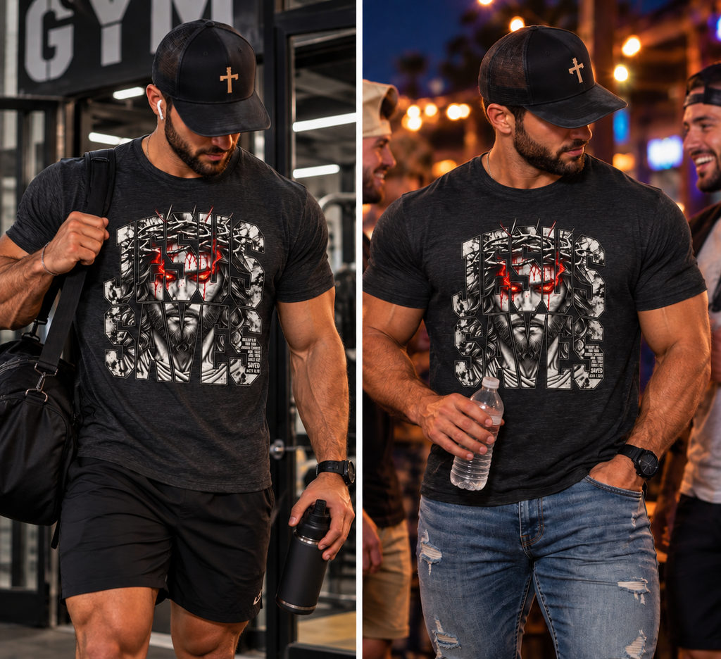 Jesus Saves Graphic Tee — Gothic Jesus Face Typography T-Shirt