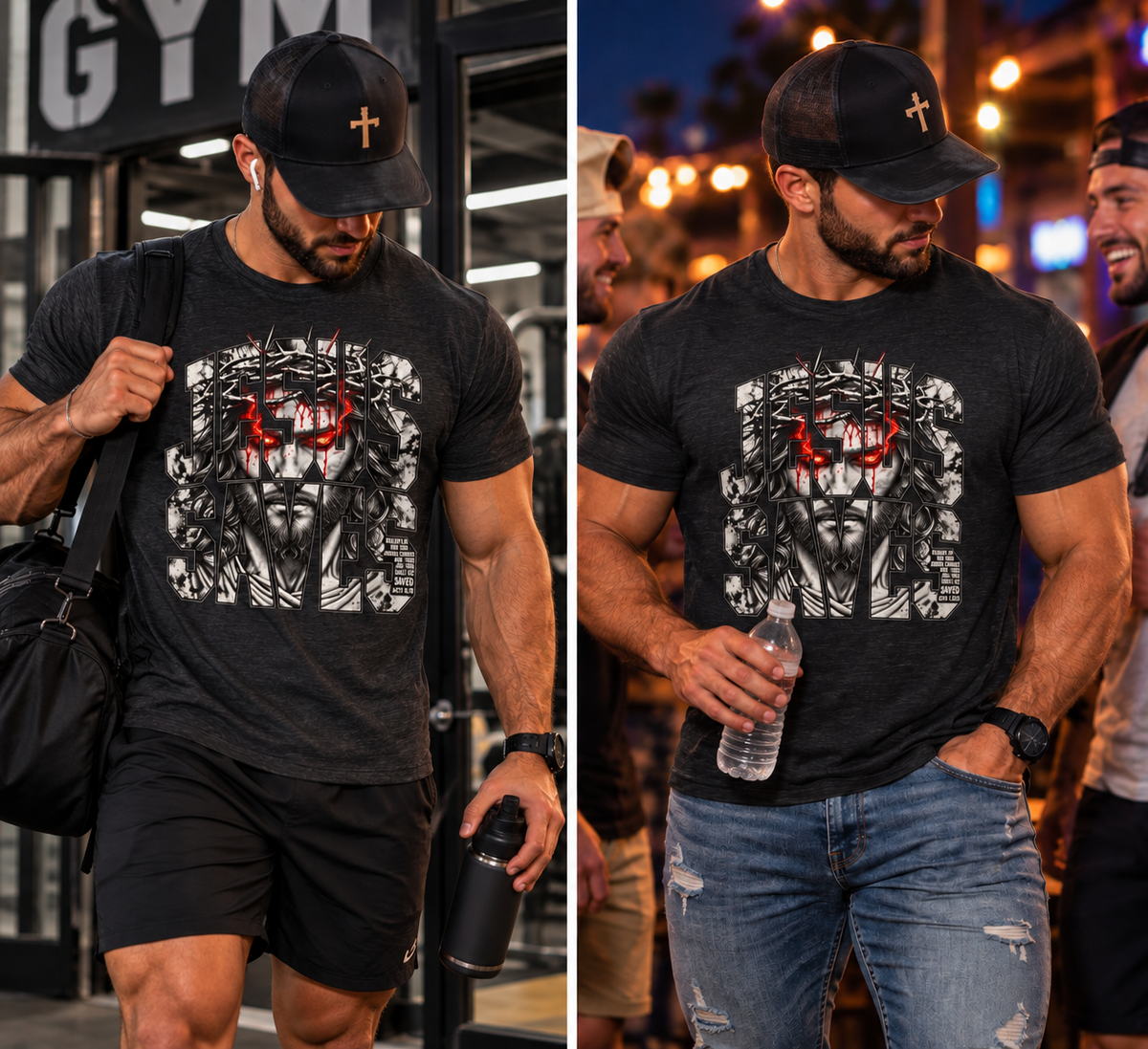 Jesus Saves Graphic Tee — Gothic Jesus Face Typography T-Shirt