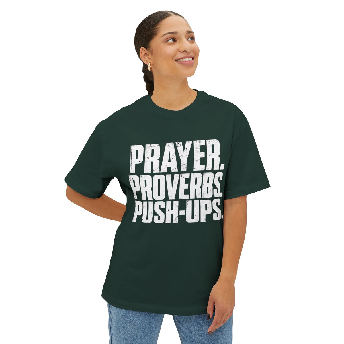 Prayer. Proverbs. Push-Ups. Oversized boxy Tee — Christian Faith & Fitness Graphic T-Shirt