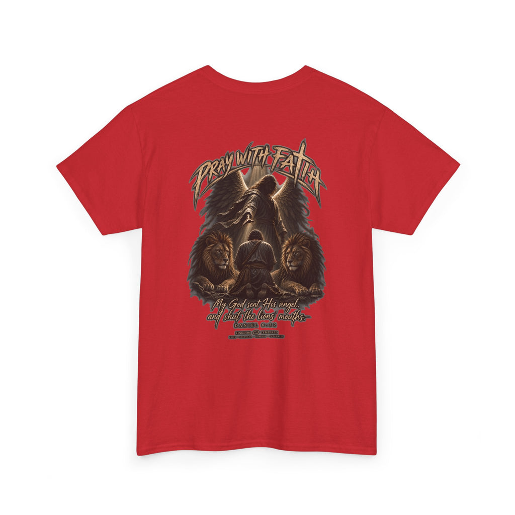 Pray With Faith Tee — Lion & Cross Christian Graphic T-Shirt