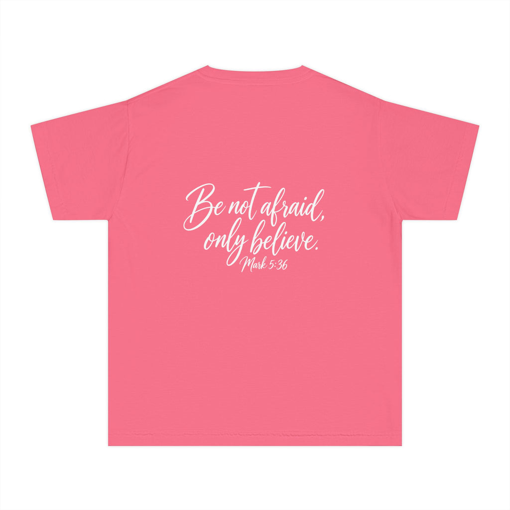 Faith Over Fear Youth Tee White lettering — Inspirational Christian Kids T‑Shirt (Be Not Afraid, Only Believe)