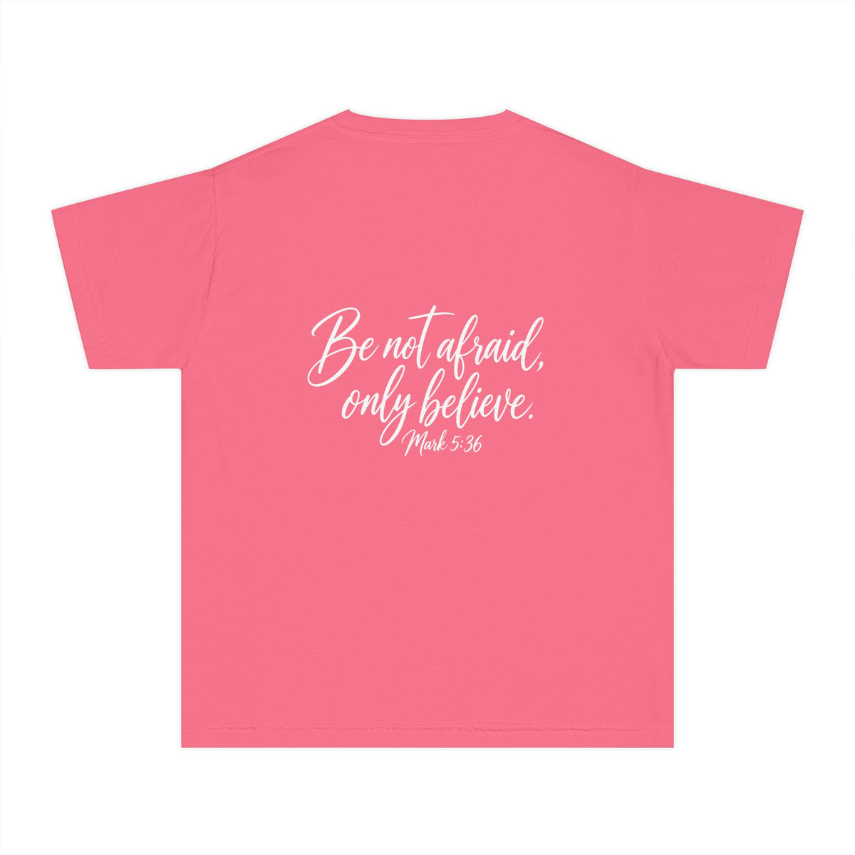 Faith Over Fear Youth Tee White lettering — Inspirational Christian Kids T‑Shirt (Be Not Afraid, Only Believe)