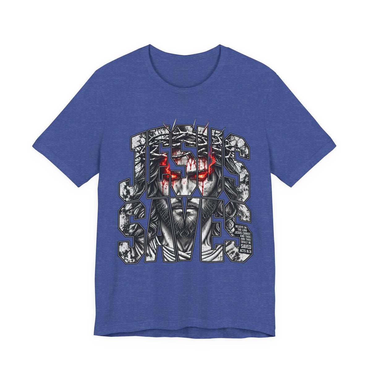 Jesus Saves Graphic Tee — Gothic Jesus Face Typography T-Shirt