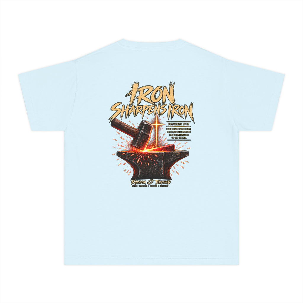 Youth Tee — "Iron Sharpens Iron" Christian Anvil Graphic Shirt