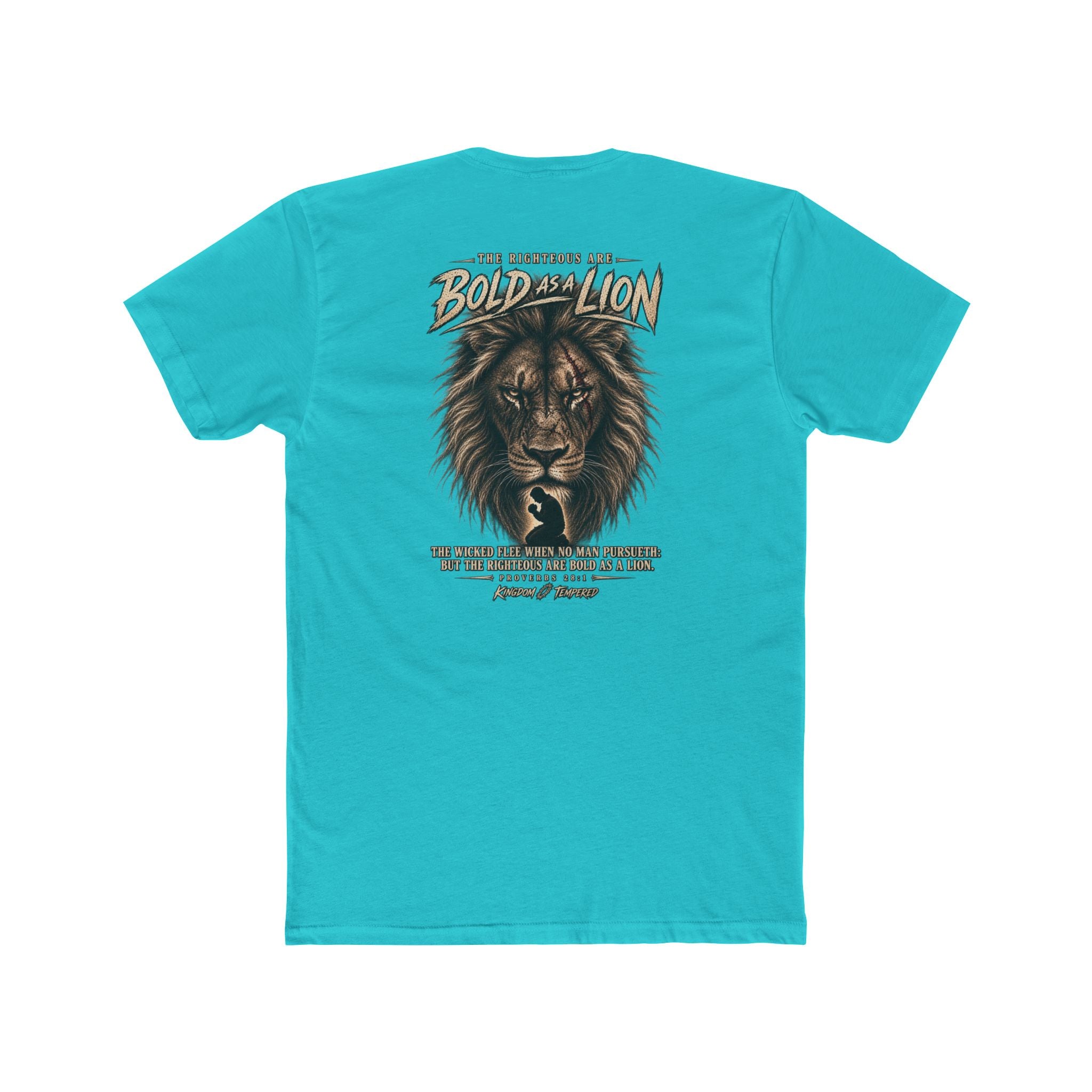 Lion Graphic Tee — "Bold as a Lion" Inspirational Christian Tee (Kingdom-Tempered) — Proverbs 28:1