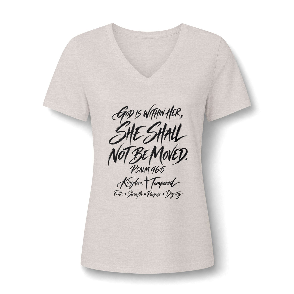 V-Neck Tee — "She Shall Not Be Moved" Inspirational Christian Scripture Shirt