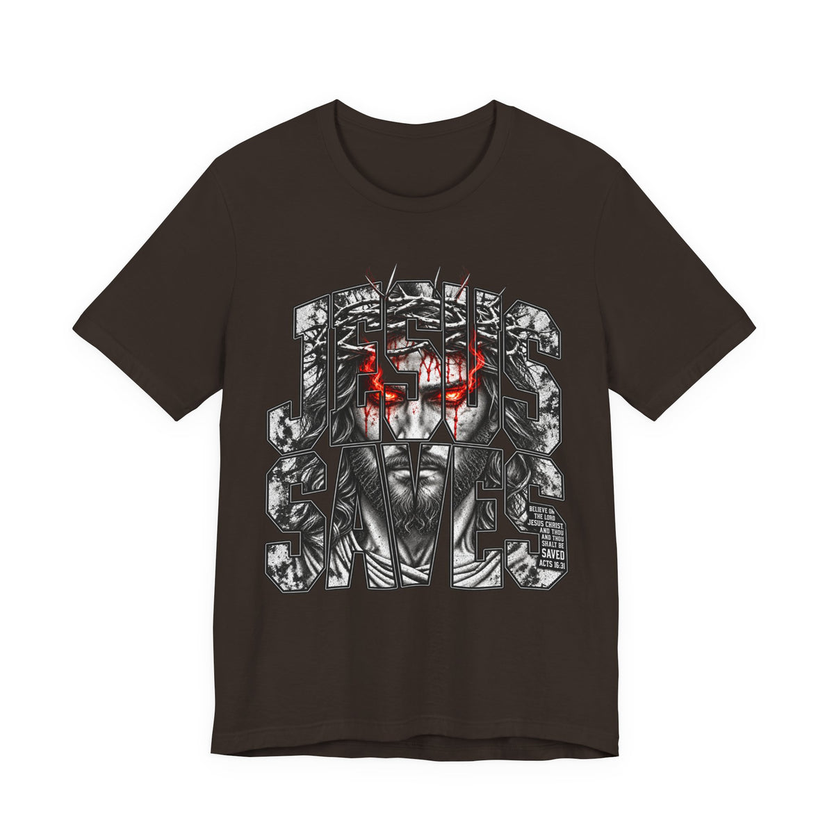 Jesus Saves Graphic Tee — Gothic Jesus Face Typography T-Shirt