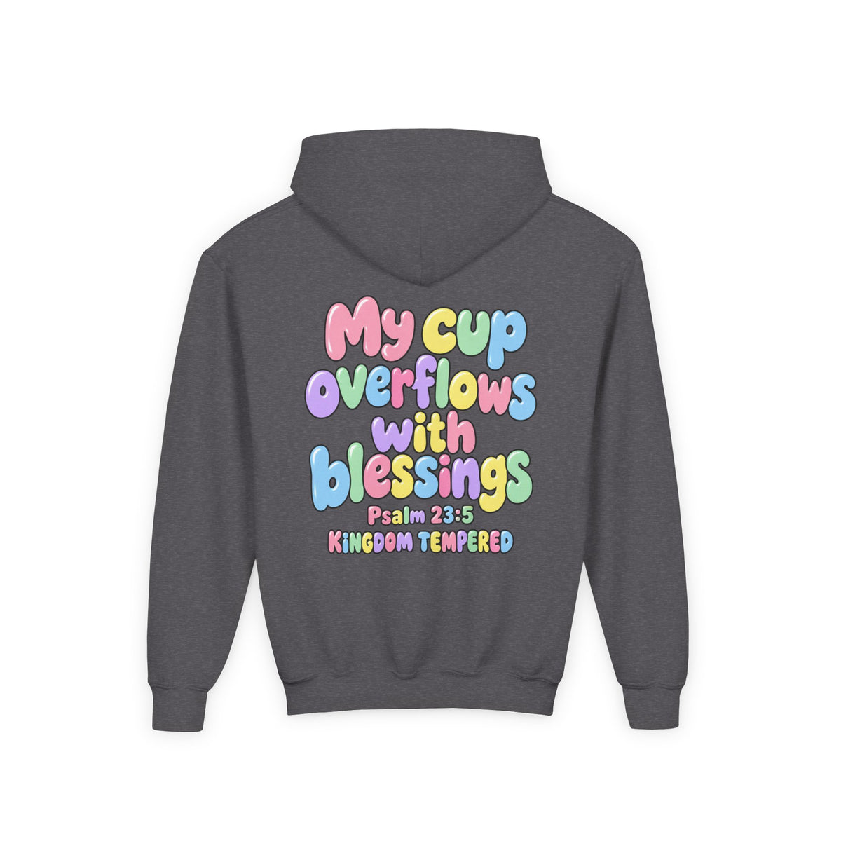 Youth Hoodie — "My Cup Overflows with Blessings" Pastel Christian Psalm 23:5 Design