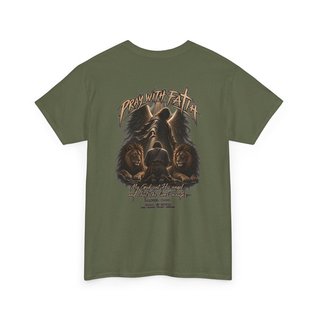 Pray With Faith Tee — Lion & Cross Christian Graphic T-Shirt