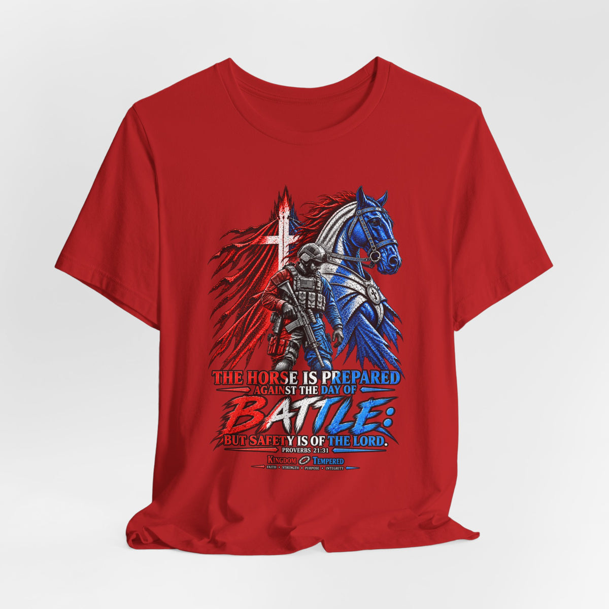 Battle Knight Tee — Patriotic Red & Blue Knight Horse Graphic T-Shirt