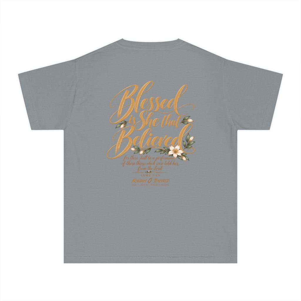 Youth Tee — "Blessed Is She That Believed" Inspirational Christian Kids Shirt