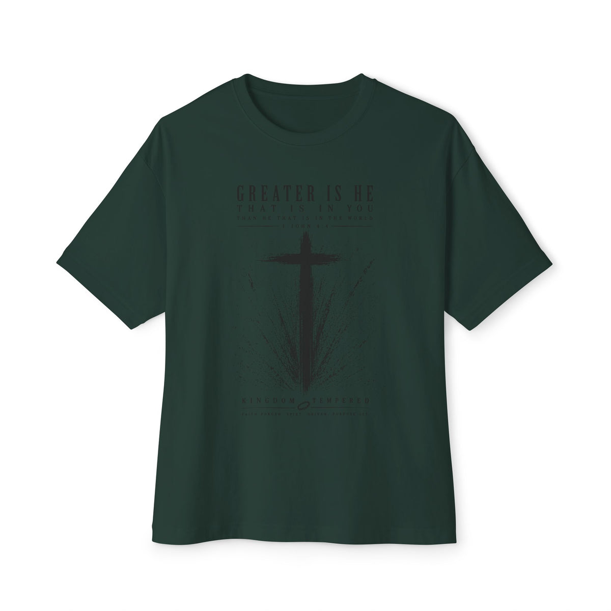 Christian Cross Tee — “Greater Is He” Inspirational Faith T-Shirt