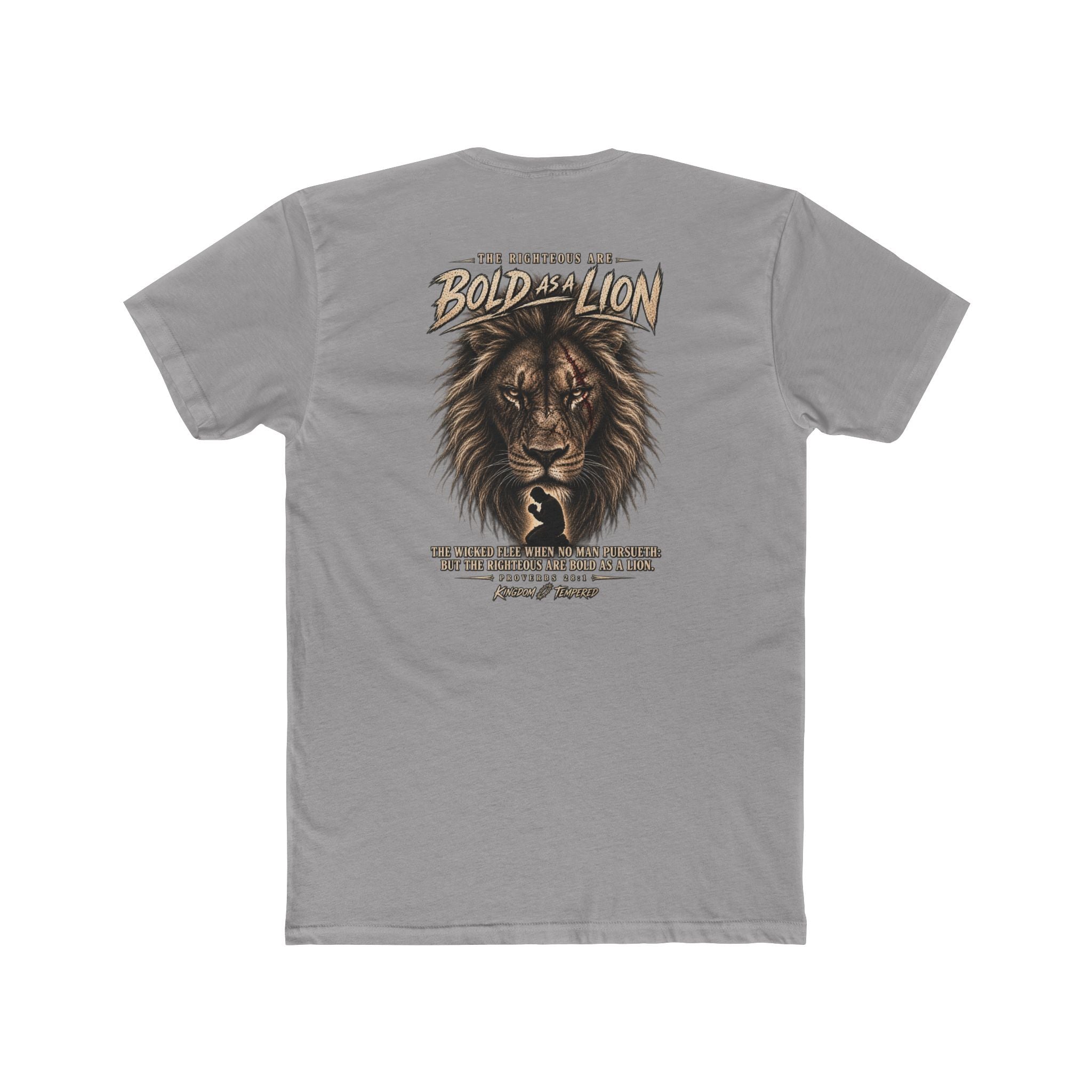 Lion Graphic Tee — "Bold as a Lion" Inspirational Christian Tee (Kingdom-Tempered) — Proverbs 28:1