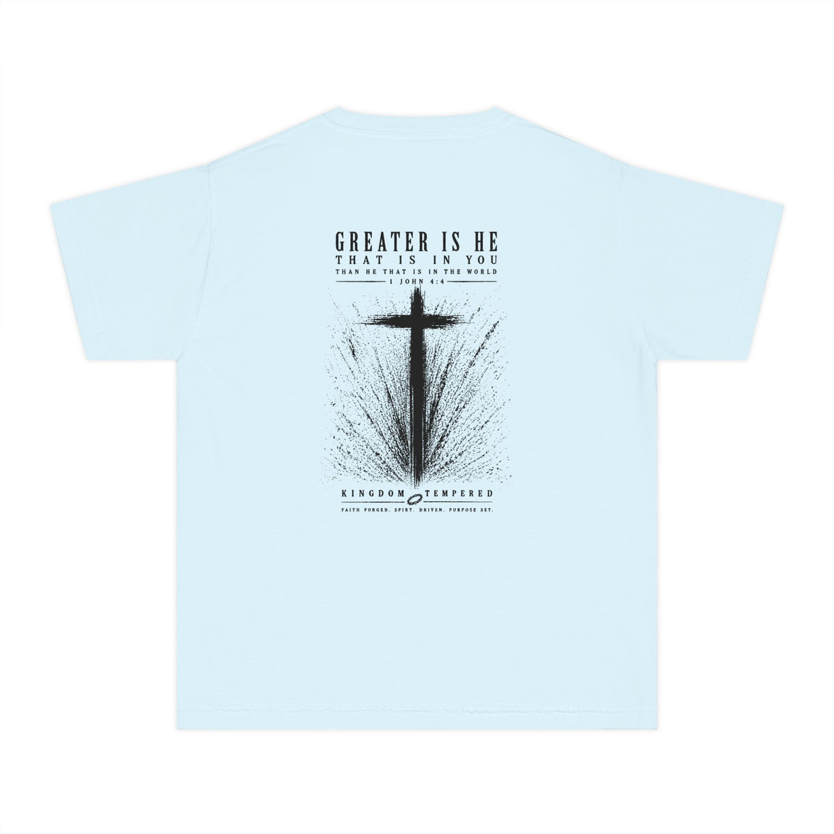Youth Christian Cross Tee — "Greater Is He" Inspirational Church Shirt