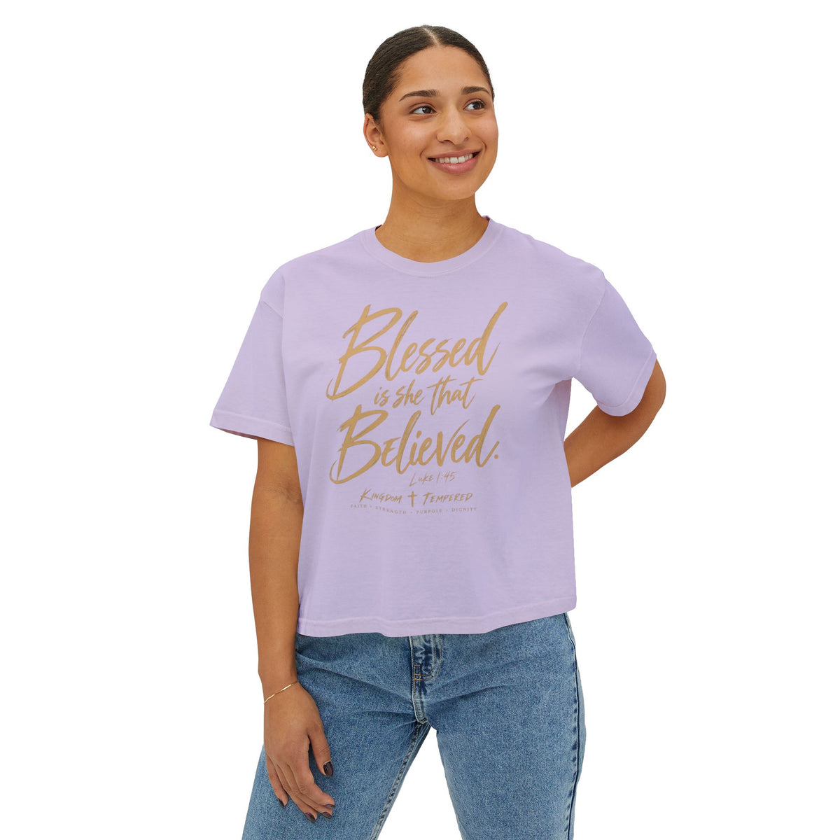 Blessed Is She Boxy Tee - Christian Faith Scripture Graphic