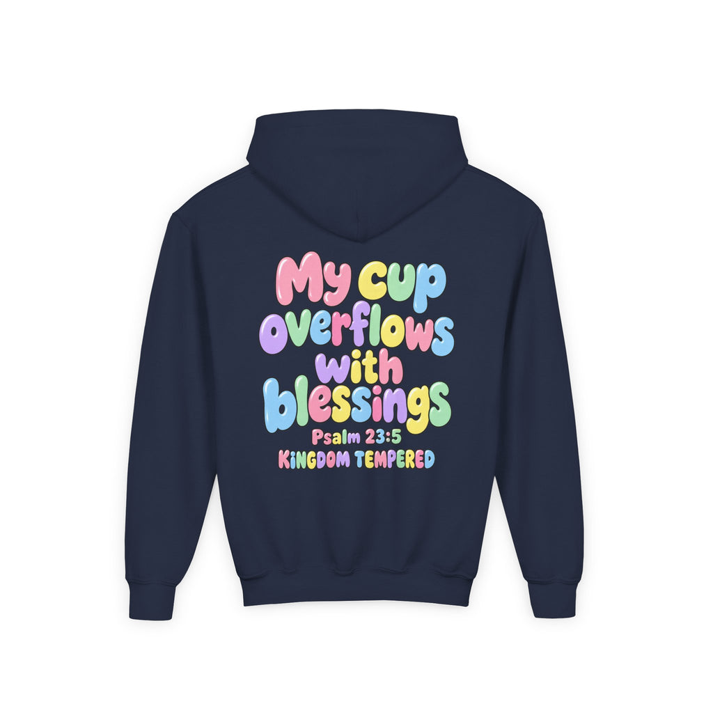 Youth Hoodie — "My Cup Overflows with Blessings" Pastel Christian Psalm 23:5 Design