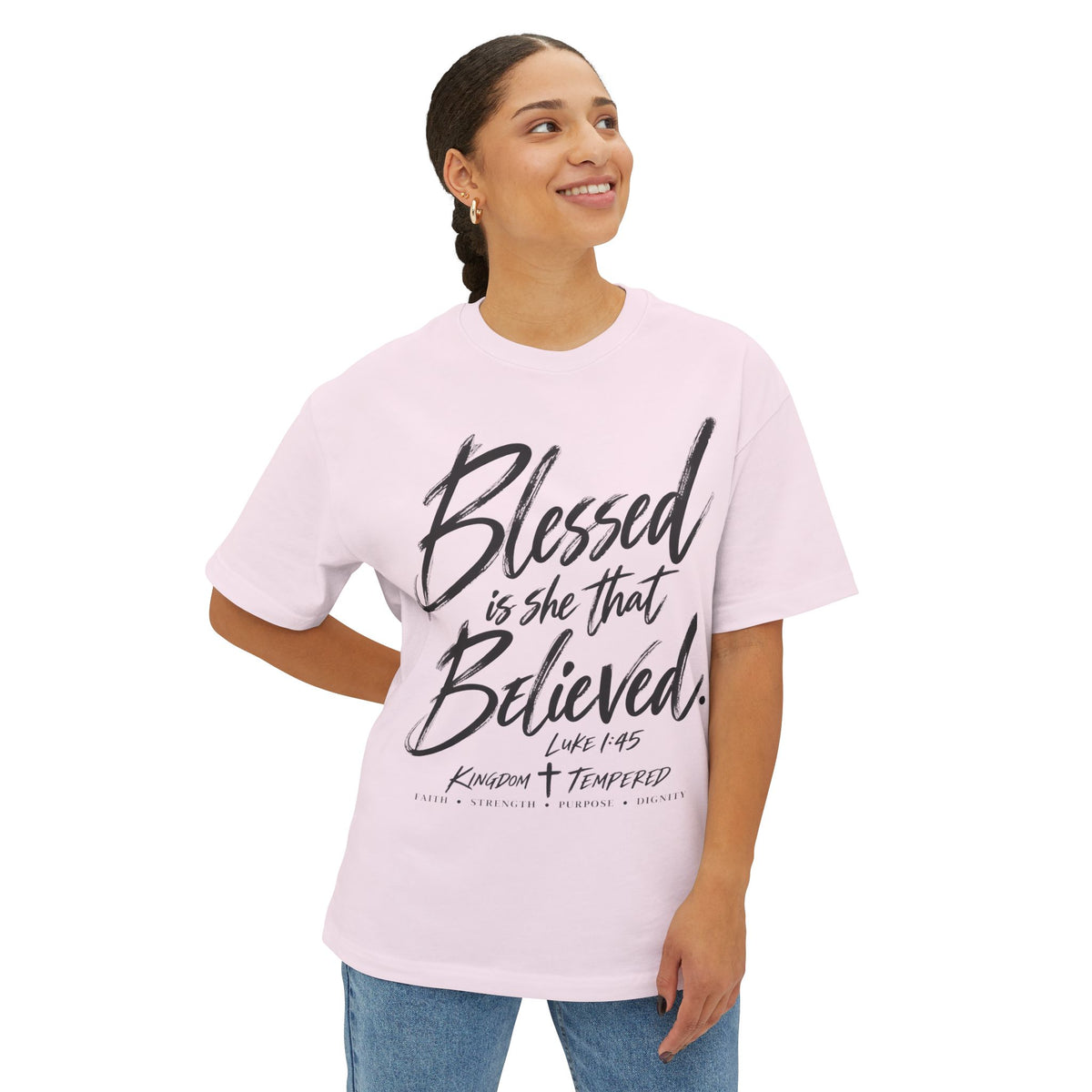 Blessed Is She That Believed Tee — Inspirational Christian Scripture Shirt (Luke 1:45)