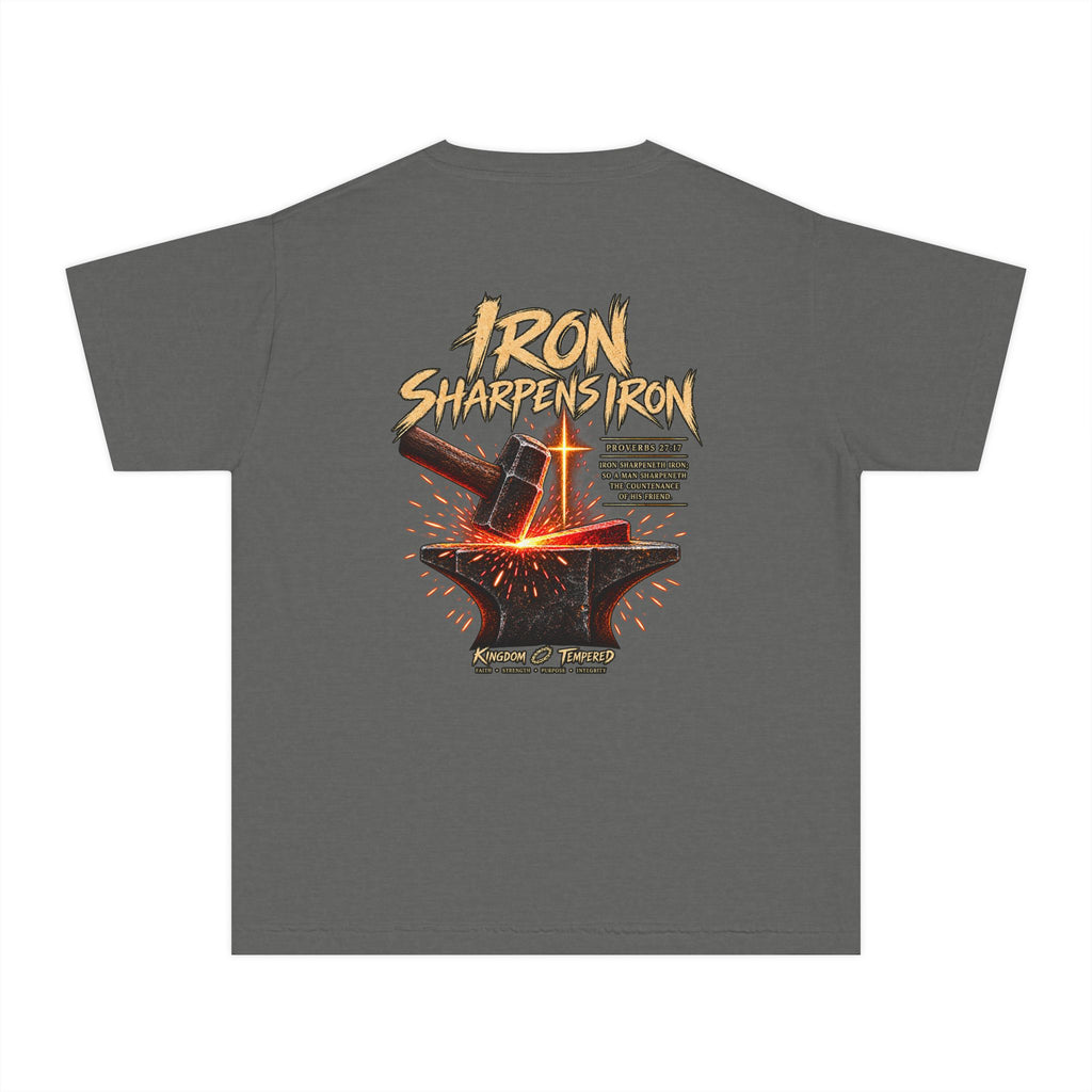 Youth Tee — "Iron Sharpens Iron" Christian Anvil Graphic Shirt