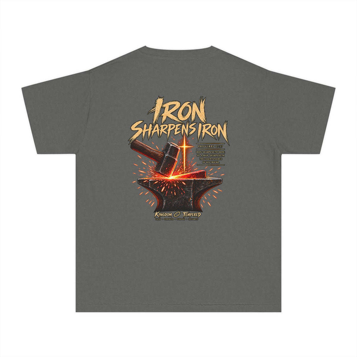 Youth Tee — "Iron Sharpens Iron" Christian Anvil Graphic Shirt