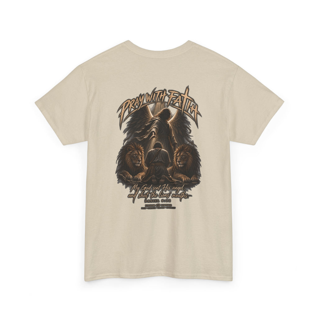 Pray With Faith Tee — Lion & Cross Christian Graphic T-Shirt