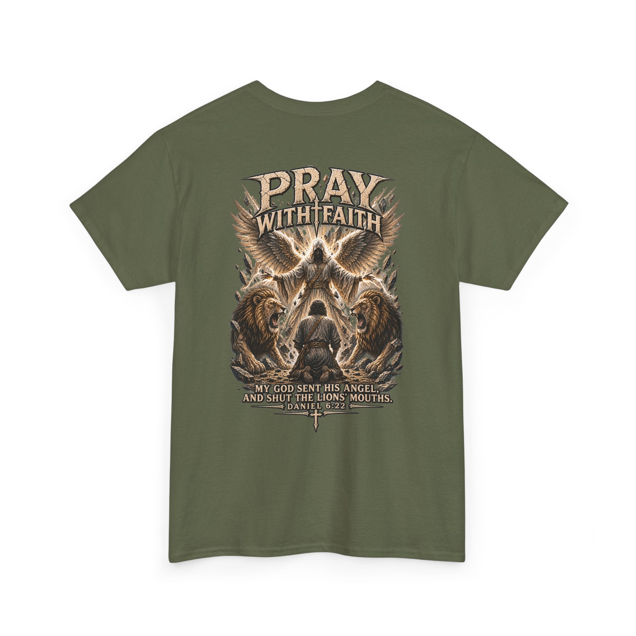 Pray With Faith Tee — Lion & Cross Christian Graphic T-Shirt