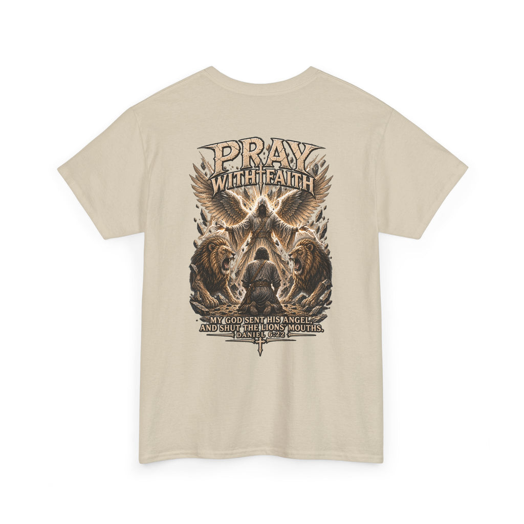 Pray With Faith Tee — Lion & Cross Christian Graphic T-Shirt