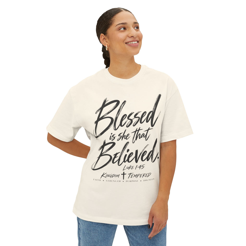 Blessed Is She That Believed Tee — Inspirational Christian Scripture Shirt (Luke 1:45)