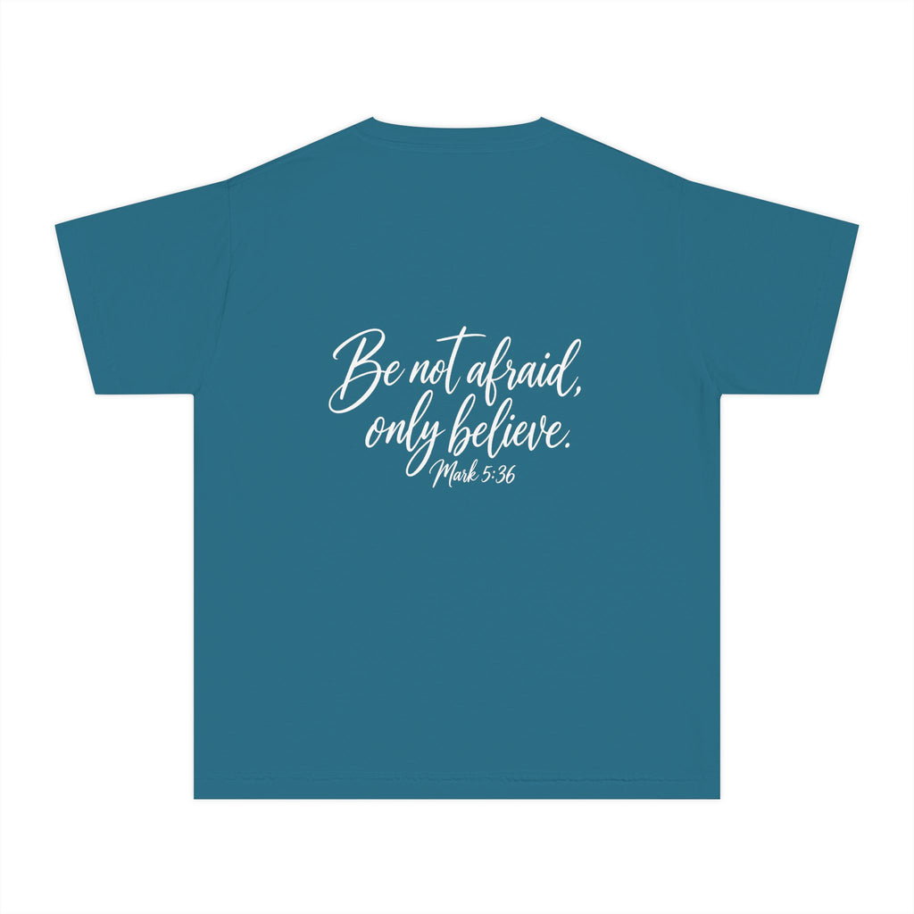Faith Over Fear Youth Tee White lettering — Inspirational Christian Kids T‑Shirt (Be Not Afraid, Only Believe)