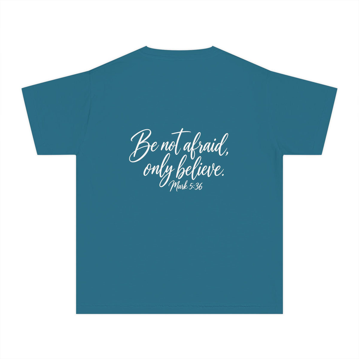 Faith Over Fear Youth Tee White lettering — Inspirational Christian Kids T‑Shirt (Be Not Afraid, Only Believe)