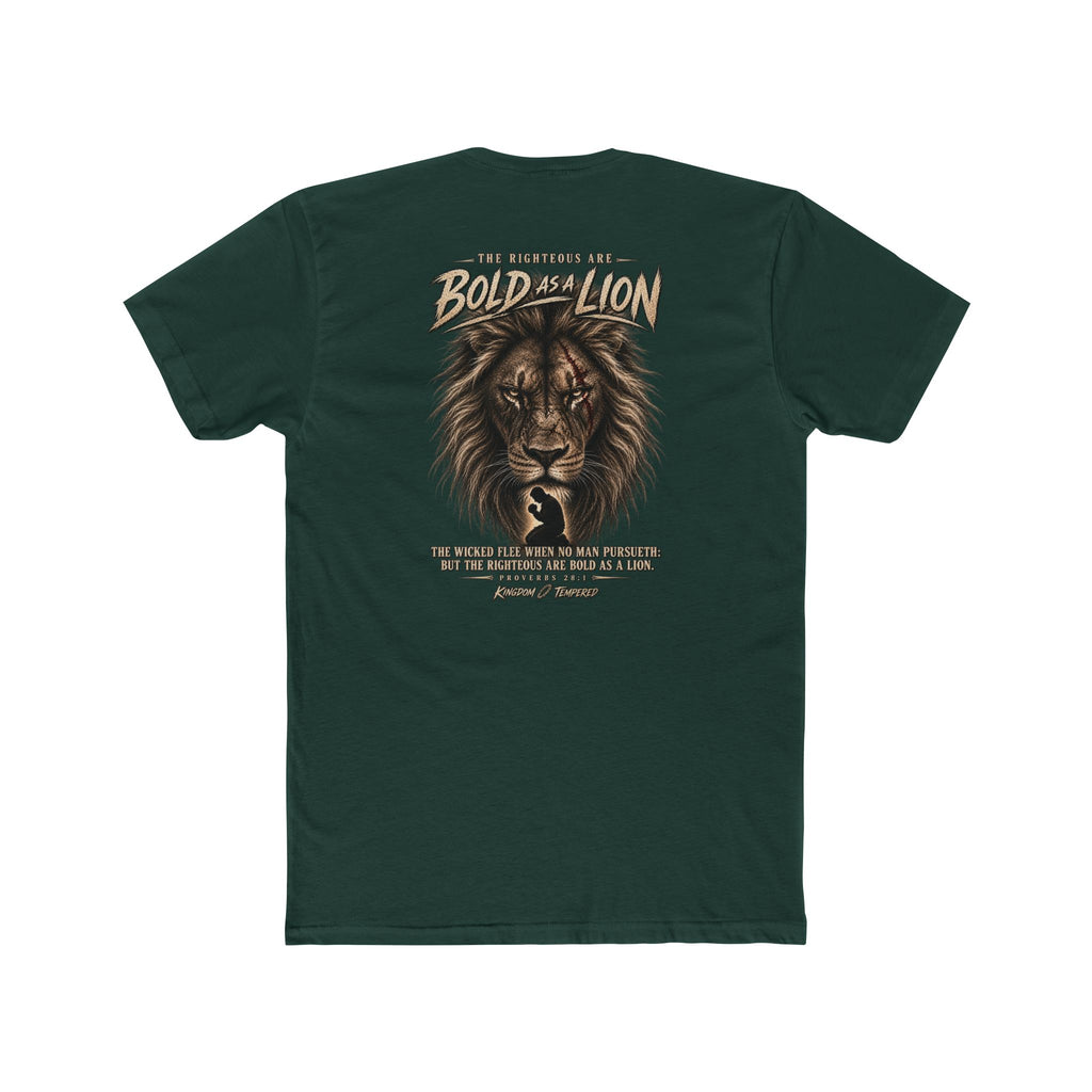 Lion Graphic Tee — "Bold as a Lion" Inspirational Christian Tee (Kingdom-Tempered) — Proverbs 28:1