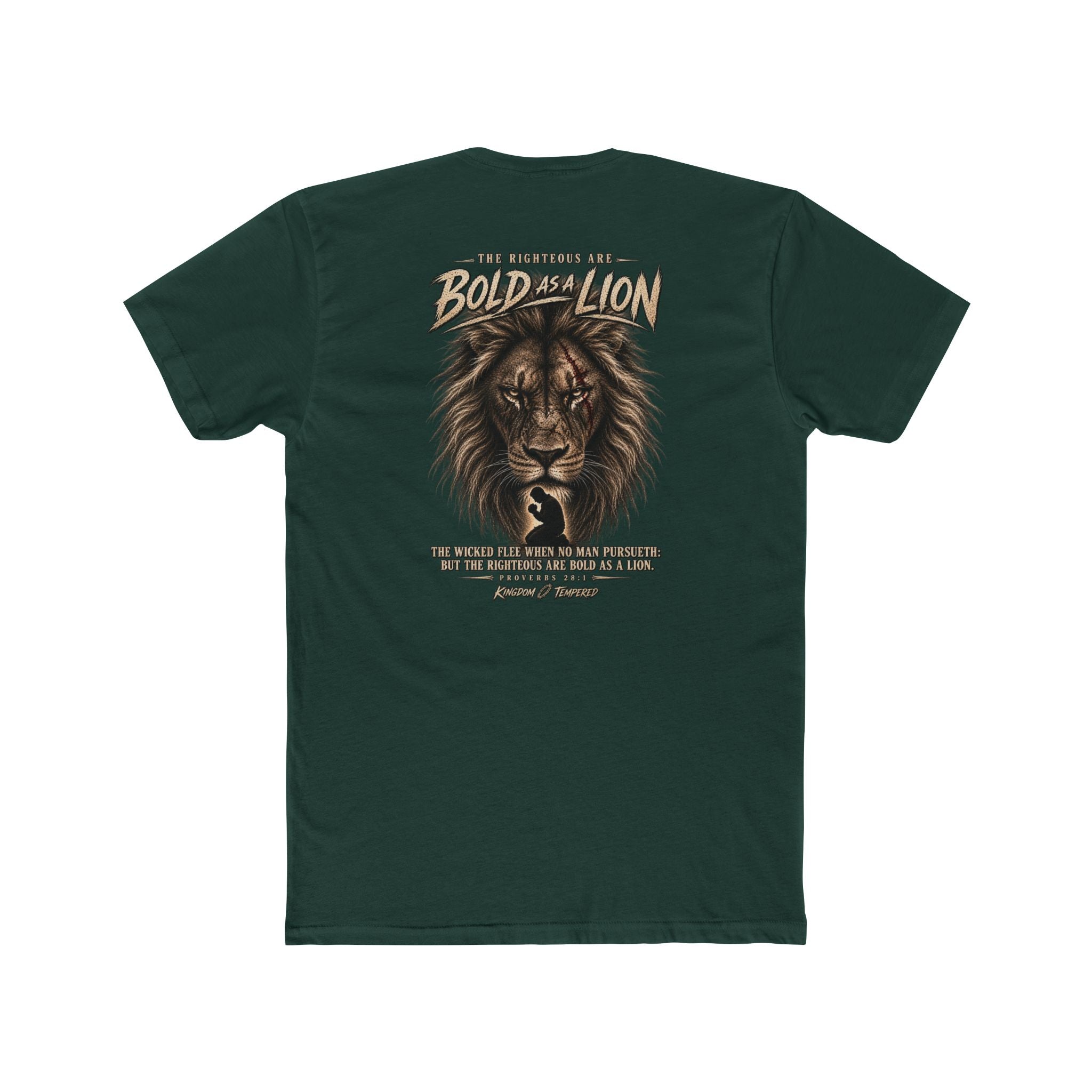 Lion Graphic Tee — "Bold as a Lion" Inspirational Christian Tee (Kingdom-Tempered) — Proverbs 28:1