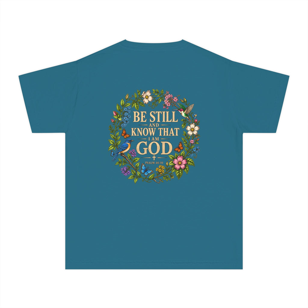 Youth Tee — "Be Still and Know That I Am God" Floral Christian T‑Shirt