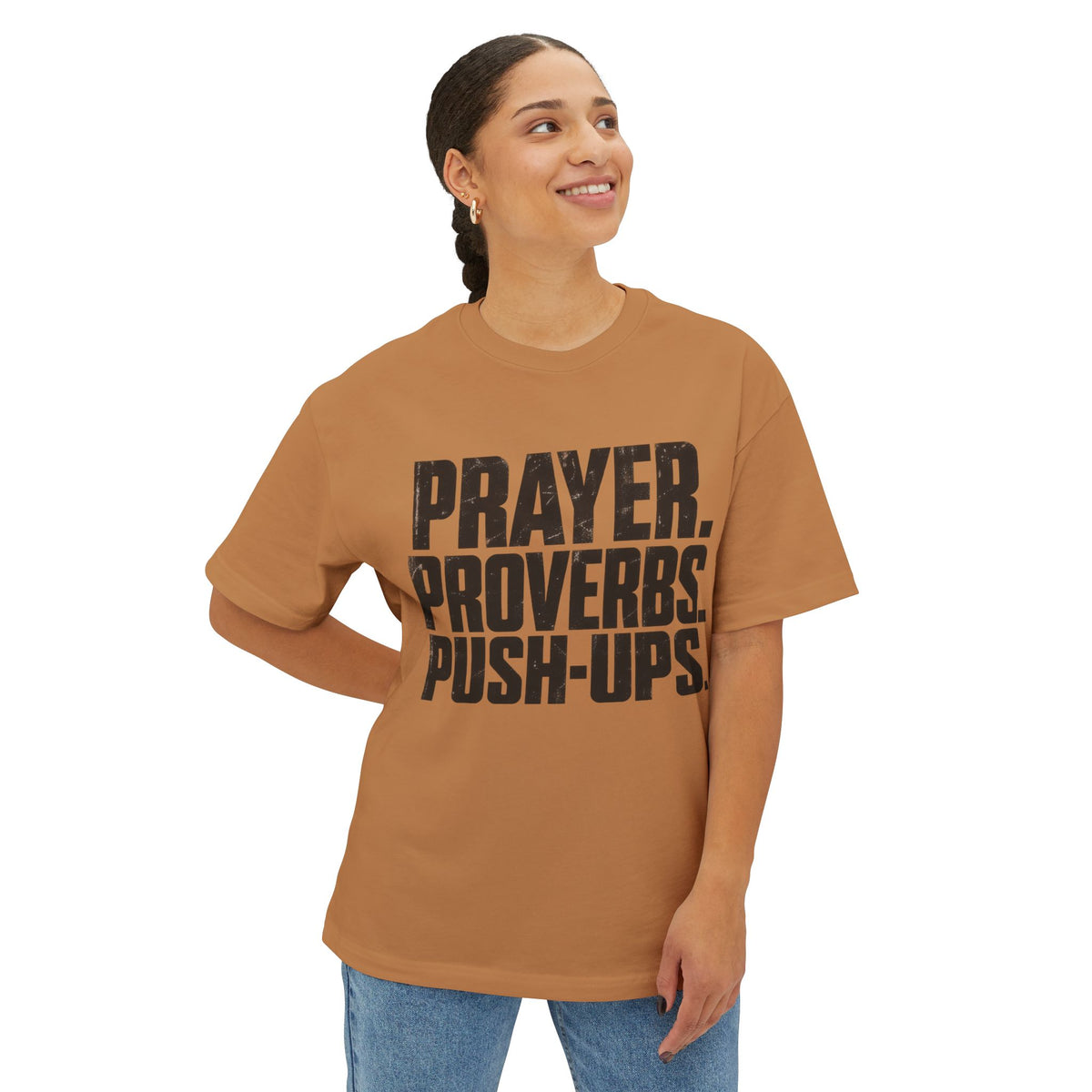 Prayer. Proverbs. Push-Ups. Oversized boxy Tee — Christian Faith & Fitness Graphic T-Shirt