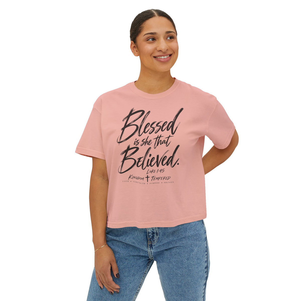 Blessed Is She That Believed Boxy Tee — Christian Scripture Women’s Crop Shirt